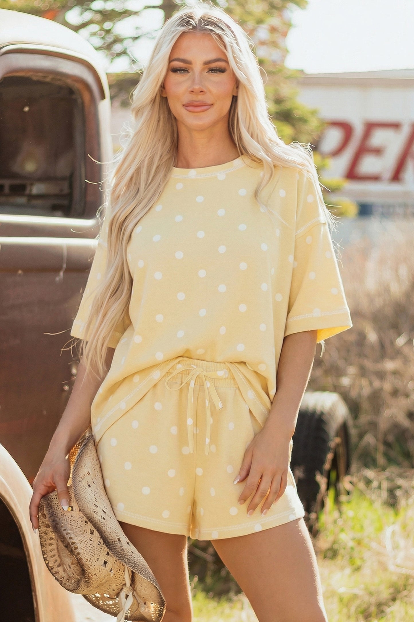 Sky Blue Polka Dot Short Sleeve Loose Top Drawstring Shorts Set