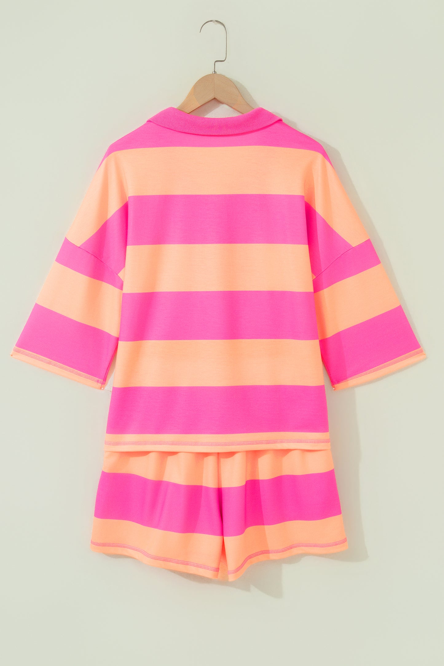 Pink Seam Detail Half Zip Tee Casual Shorts 2pcs Set