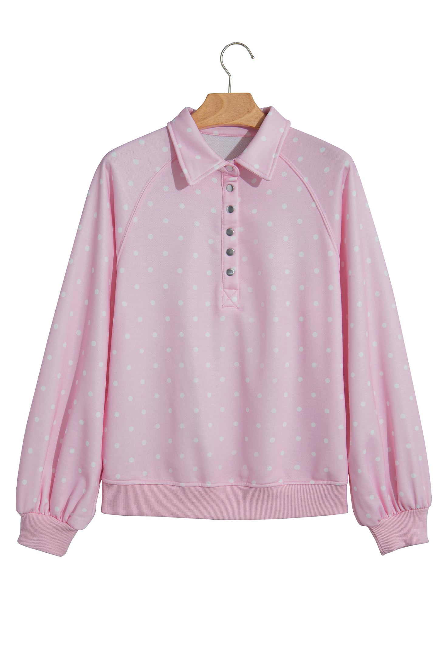 Pink Polka Dot Print Metal Button Collar Casual Pullover Sweatshirt