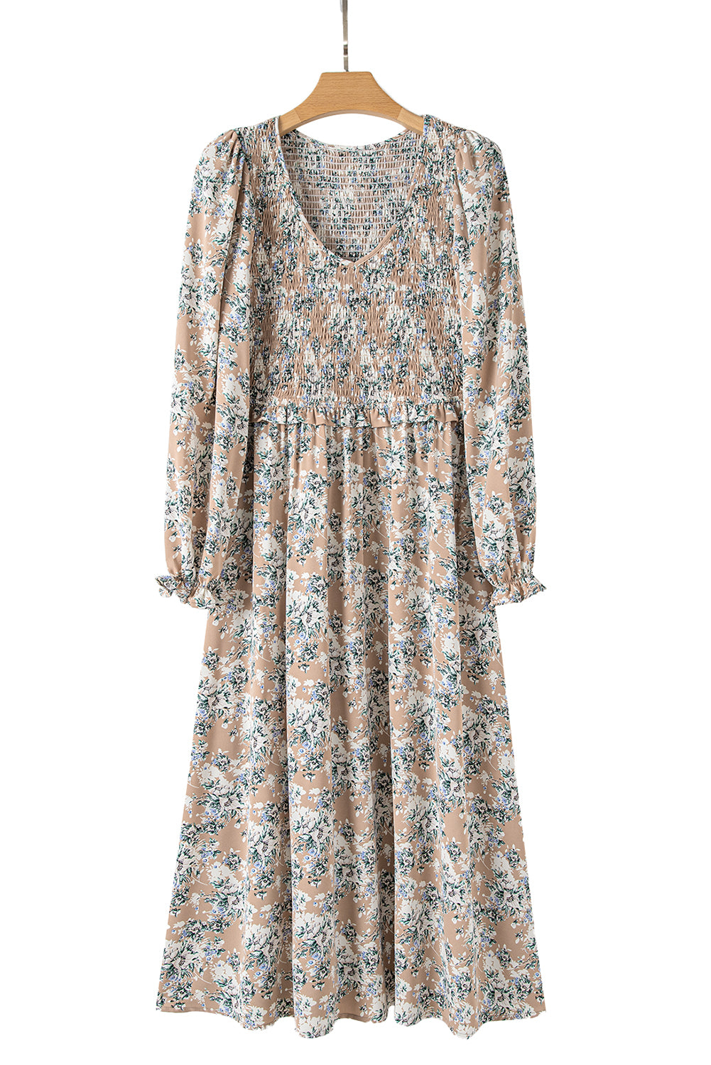 Khaki Maple Grove Floral Smocked Puff Sleeve Long Dress