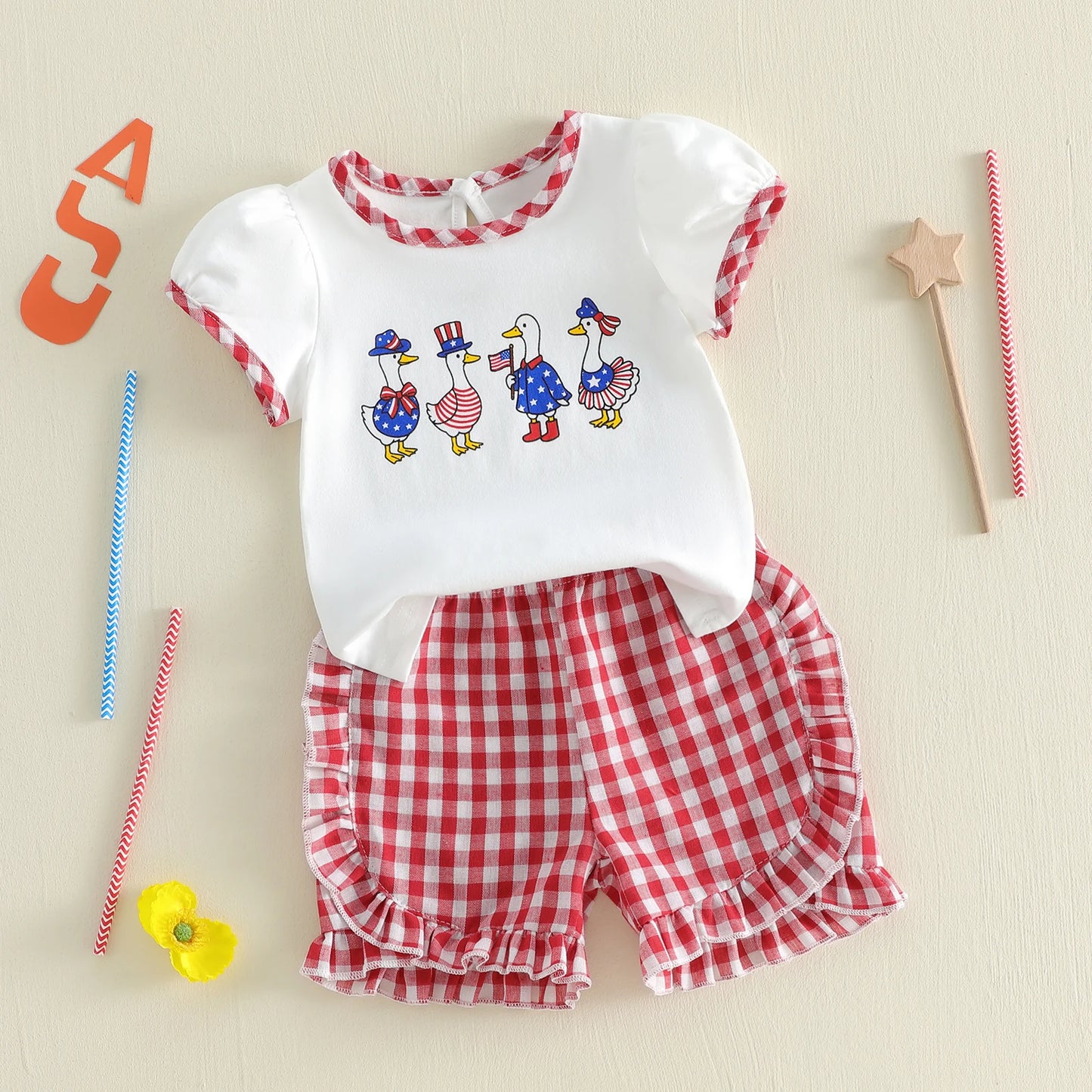 Girls 2PCS Goose Independence Day Clothes Sets
