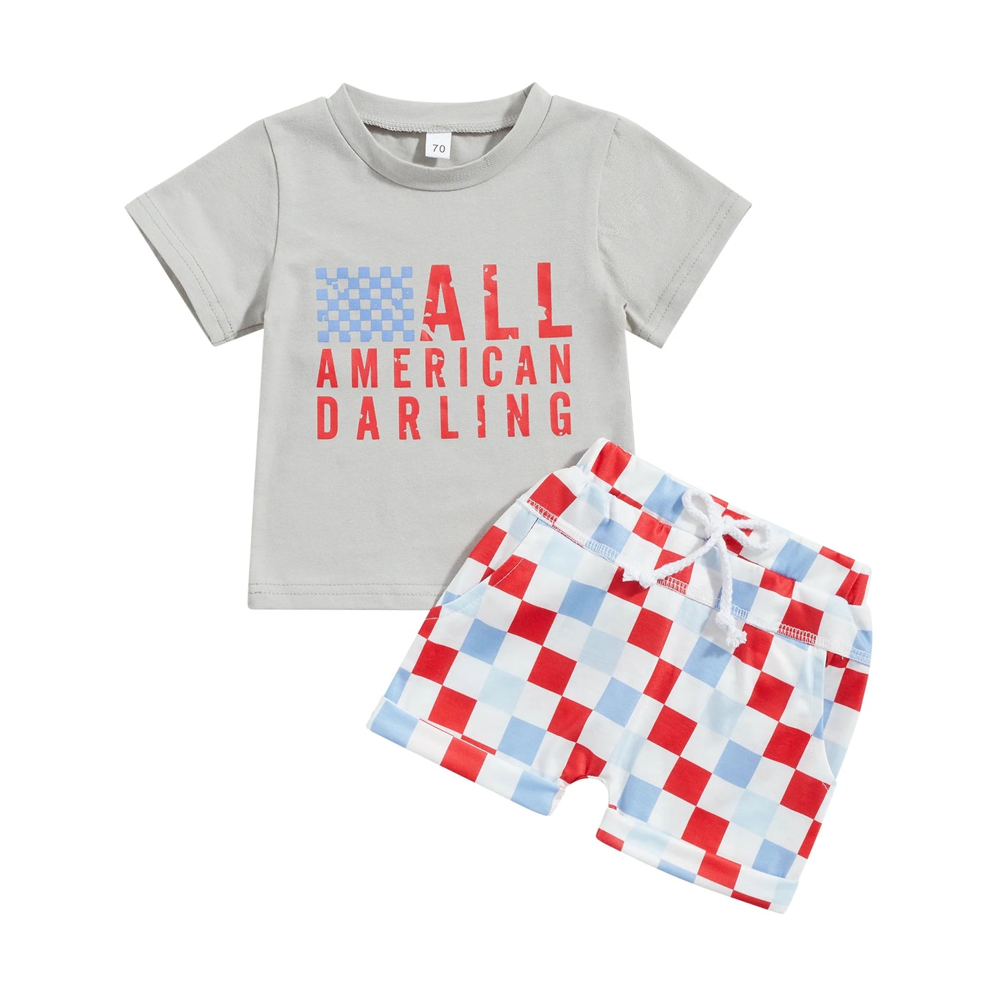 Independence Day Baby Girls Boys Clothes Sets Letter Print Short Sleeve T-Shirts and Checkerboard Shorts 2Pcs