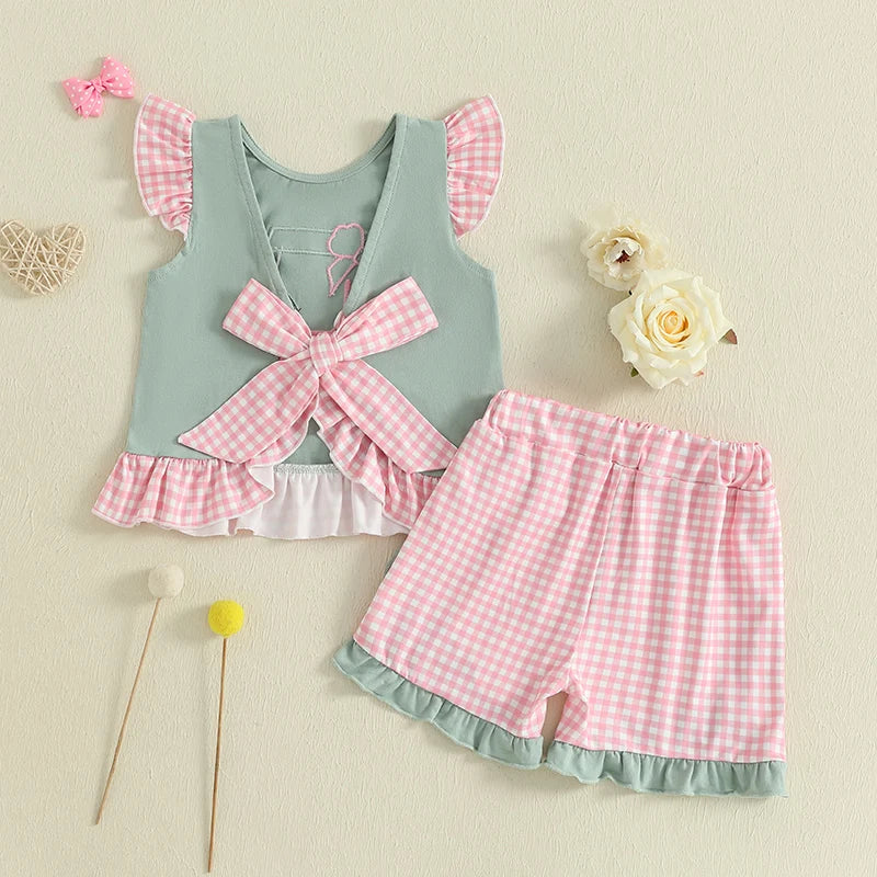 Golf Cart Embroidered Flutter Sleeve Top with Plaid Print Shorts 2-Piece Set