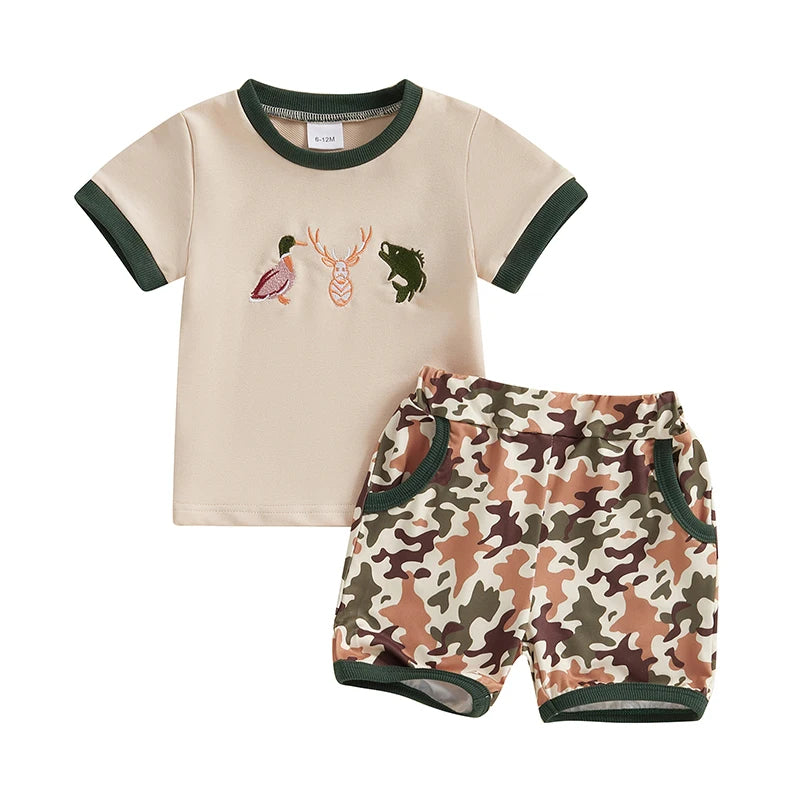 Toddler Baby Boys Summer Outfits Duck Embroidery Short Sleeves T-Shirt and Elastic Camouflage Shorts