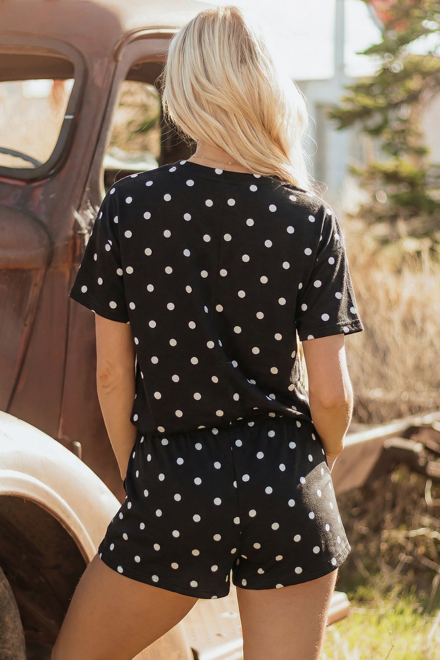 Sky Blue Polka Dot Short Sleeve Loose Top Drawstring Shorts Set