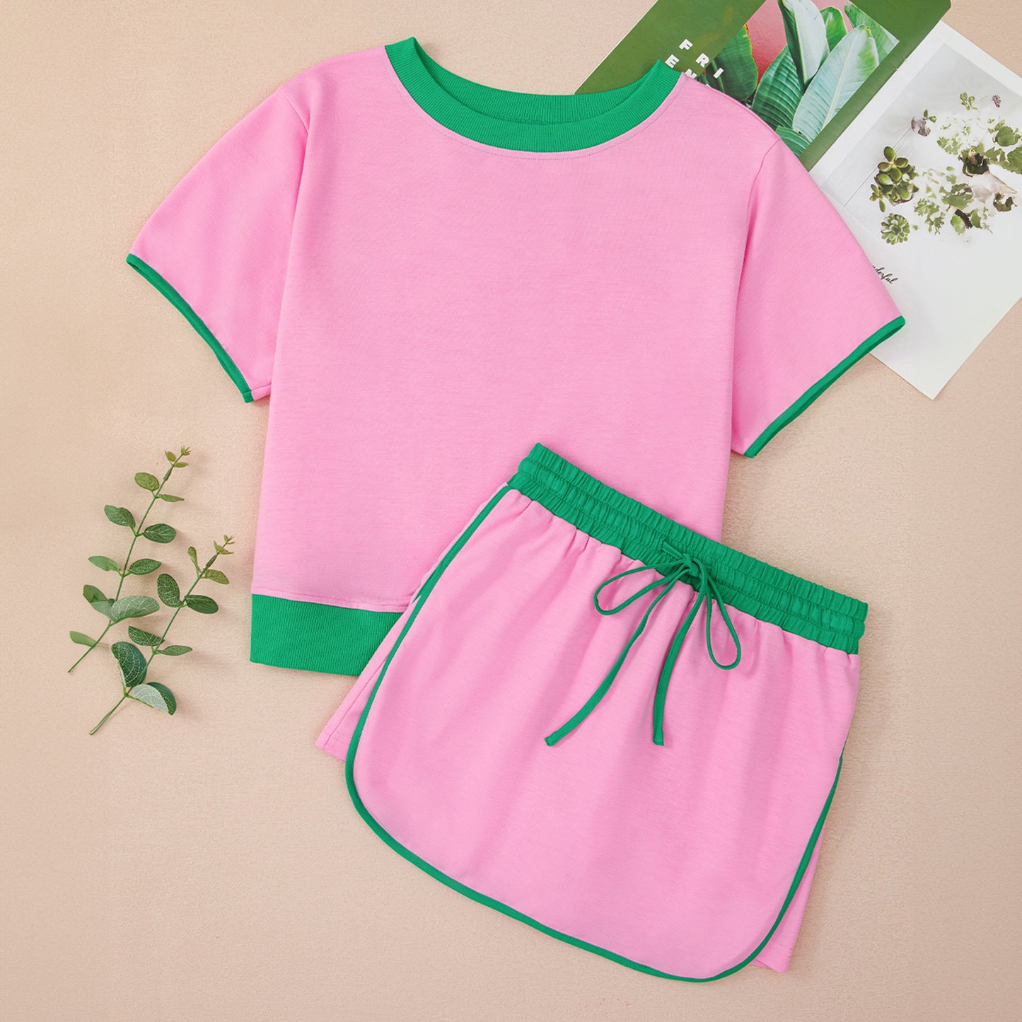 Colorblock Edge Drop Shoulder T Shirt and Skort 2Pcs Set