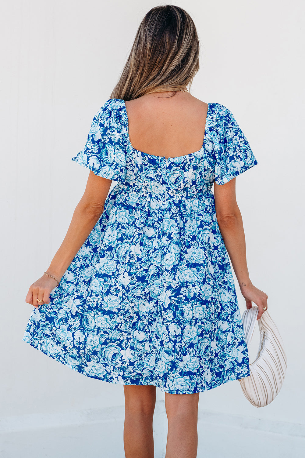 Blue Floral Puff Sleeve Babydoll  Dress