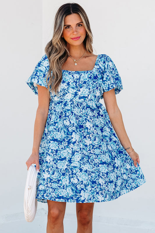 Blue Floral Puff Sleeve Babydoll  Dress