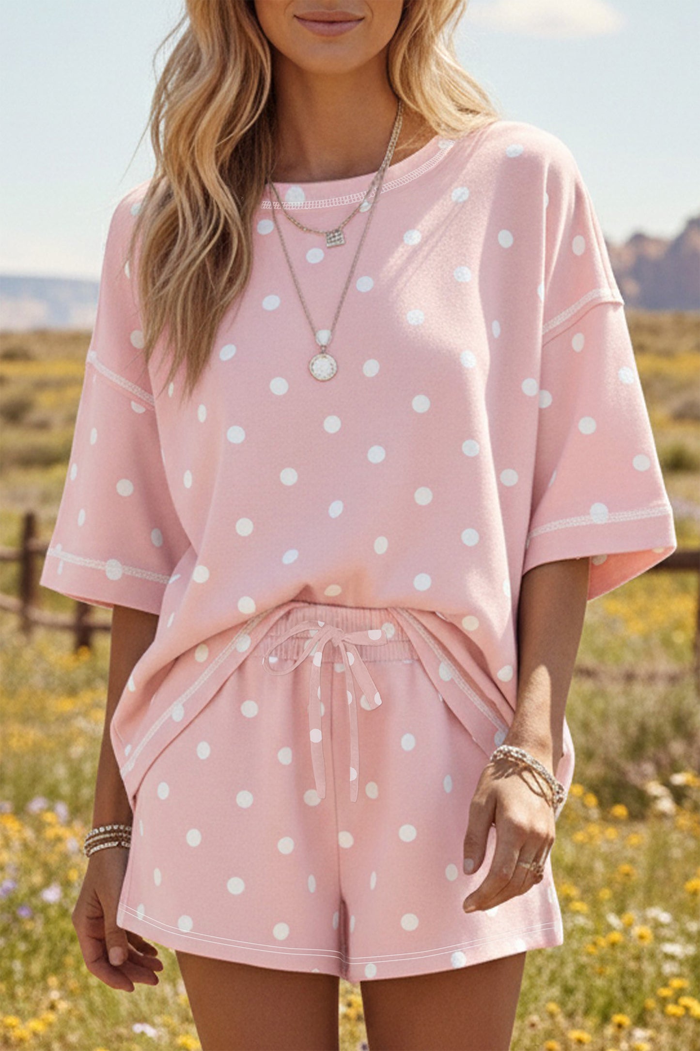 Sky Blue Polka Dot Short Sleeve Loose Top Drawstring Shorts Set