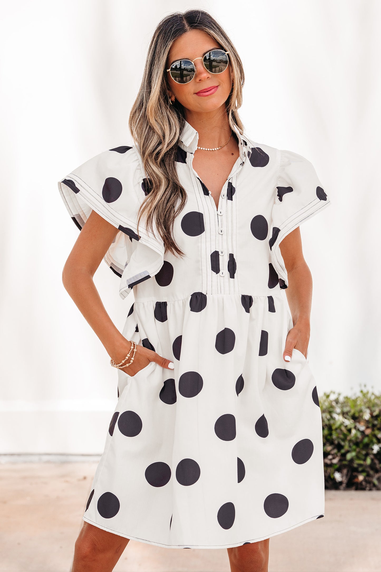 White Polka Dot Print Half Button Ruffled Short Sleeve Loose Mini Dress
