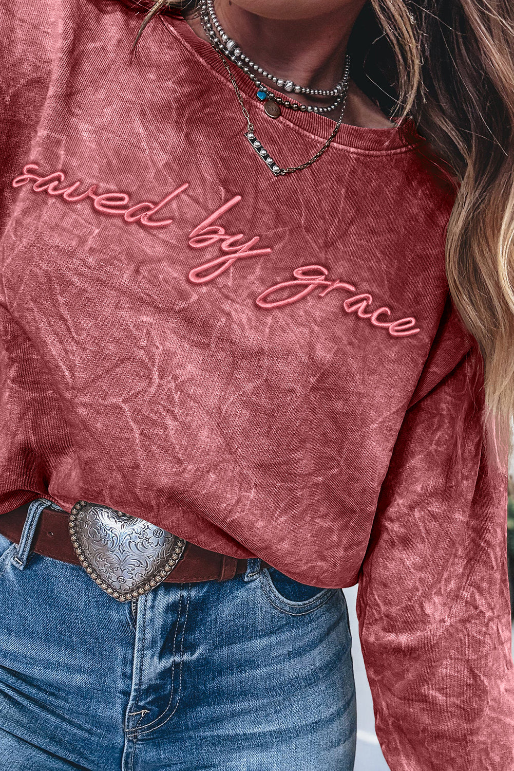 Mineral Red saved by grace Letter Embroidery Mineral Wash Loose Sweatshirt
