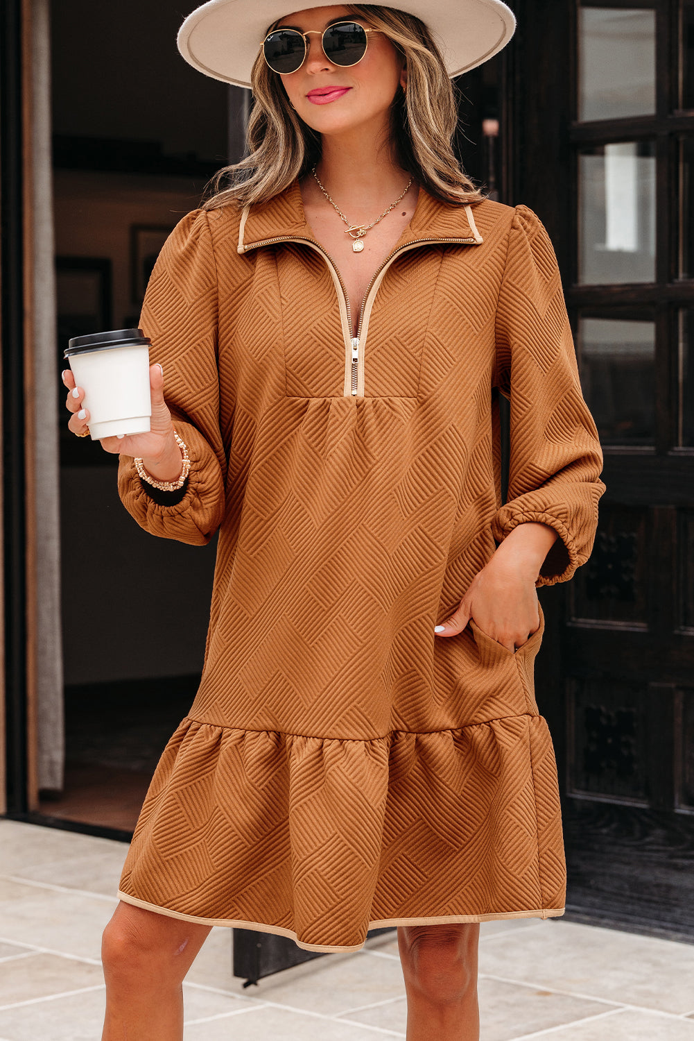 Desert Gold Quarter Zip Collar Bracelet Sleeve Textured Mini Dress