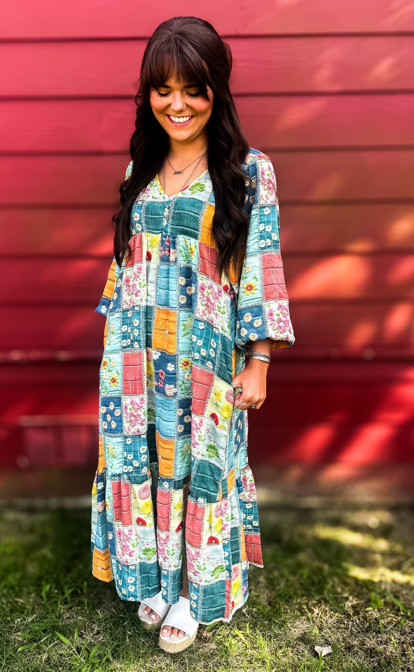 Sky Blue Mix Floral Checkered Pattern Bubble Sleeve Ruffle Hem Dress