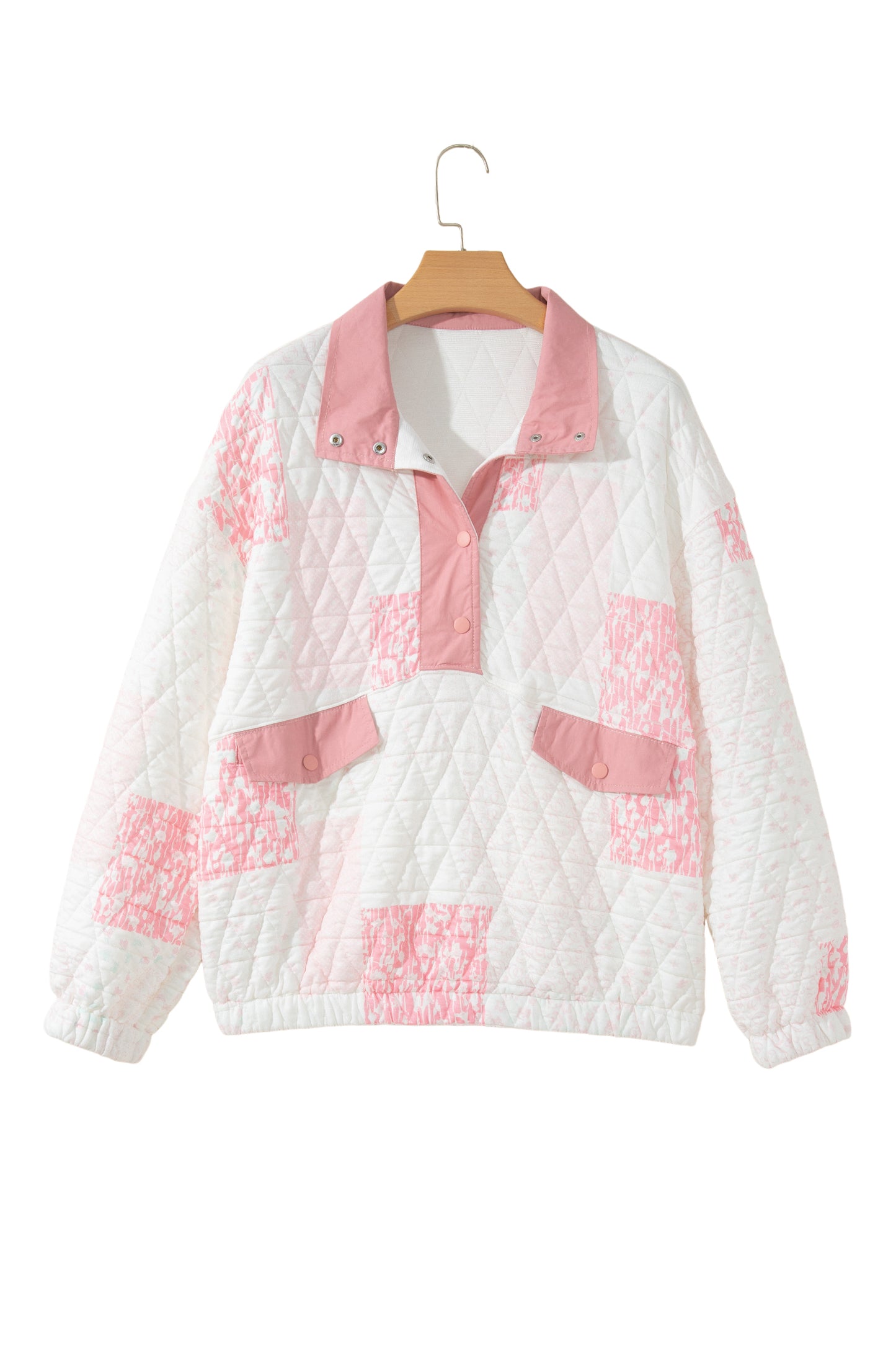 Multicolour Floral Quilted Half Button Pocketed Pullover Sweatshirt