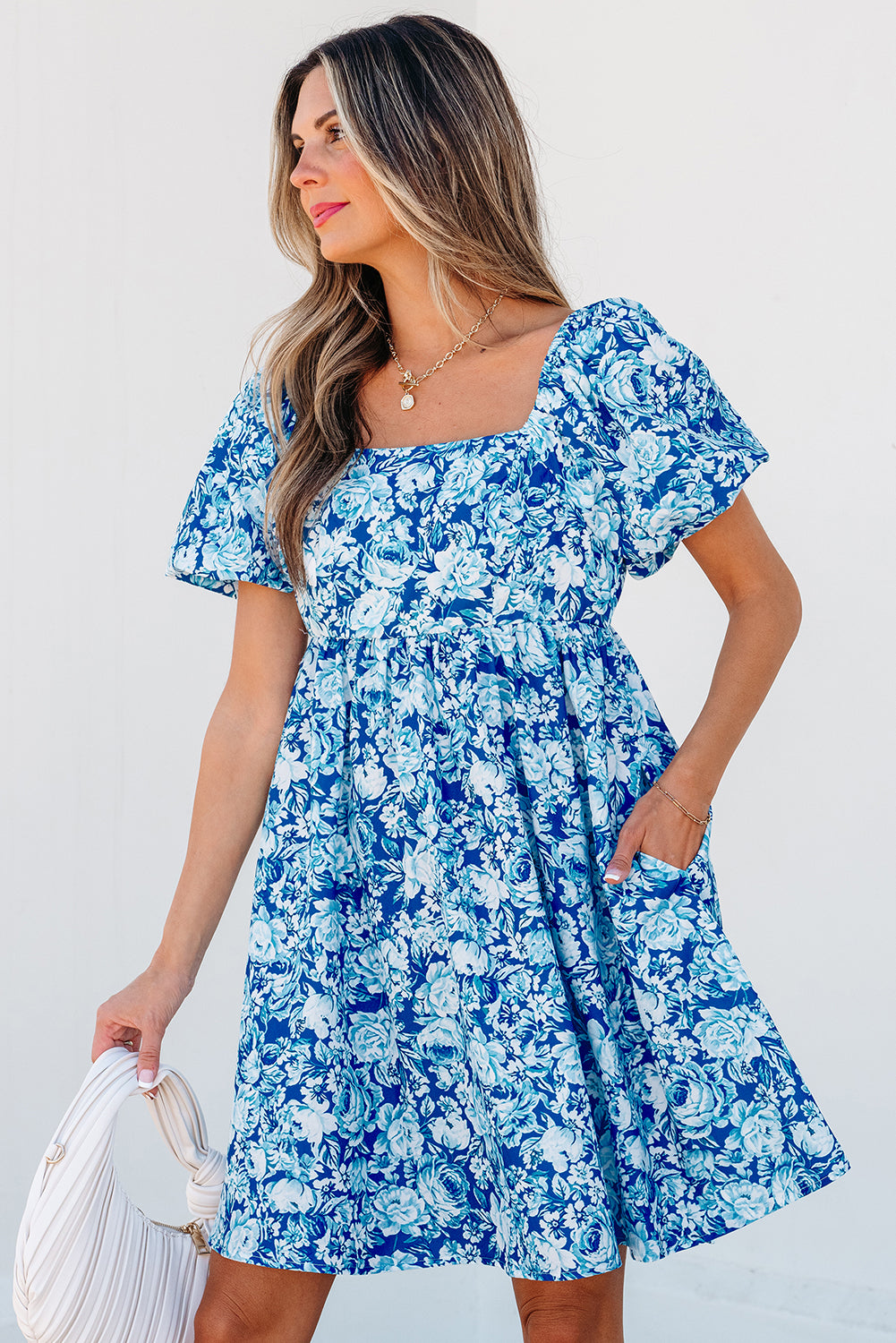 Blue Floral Puff Sleeve Babydoll  Dress