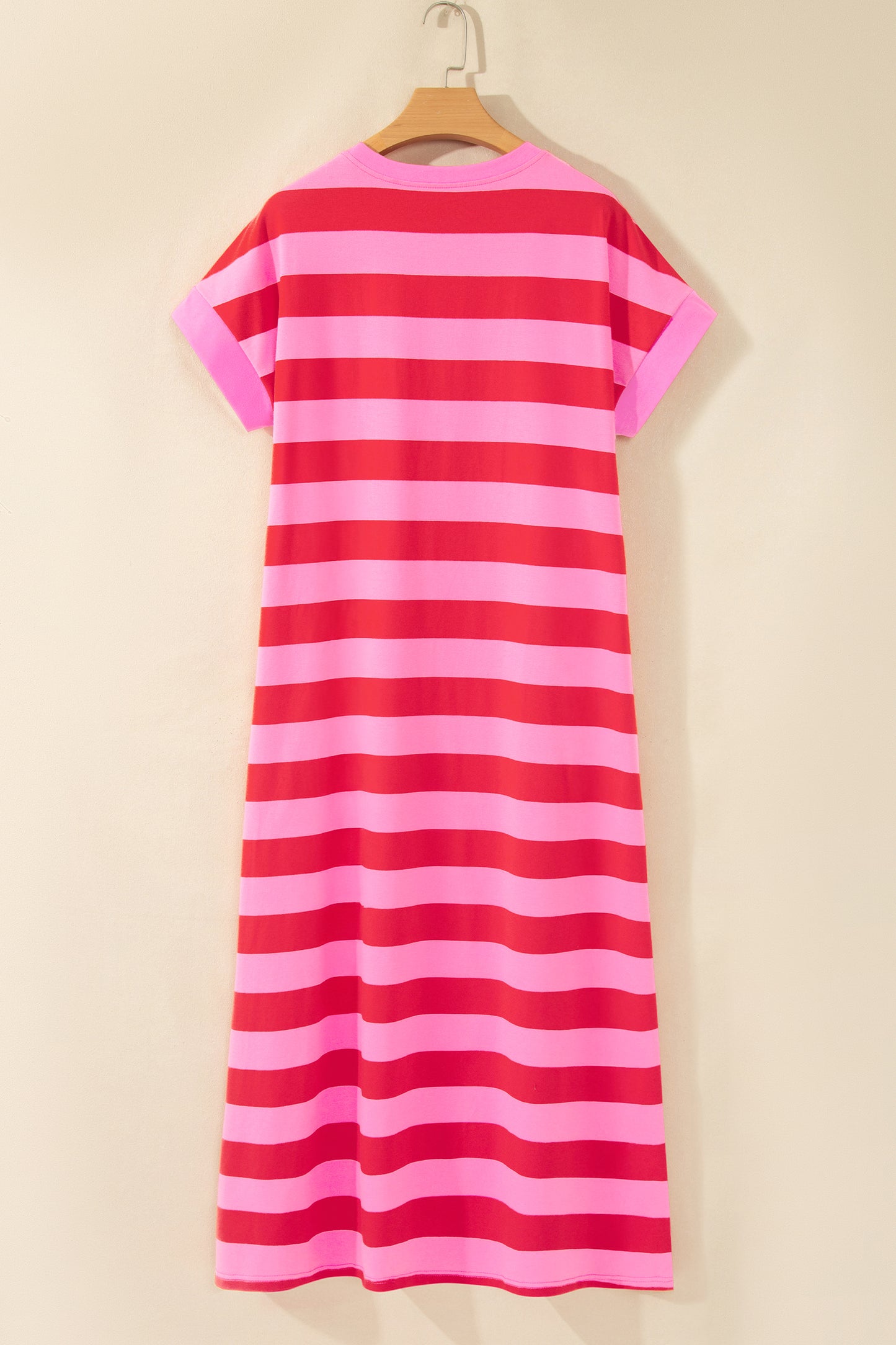 Rose Stripe Cuffed Short Sleeve Pocketed Casual T Shirt Long Dress