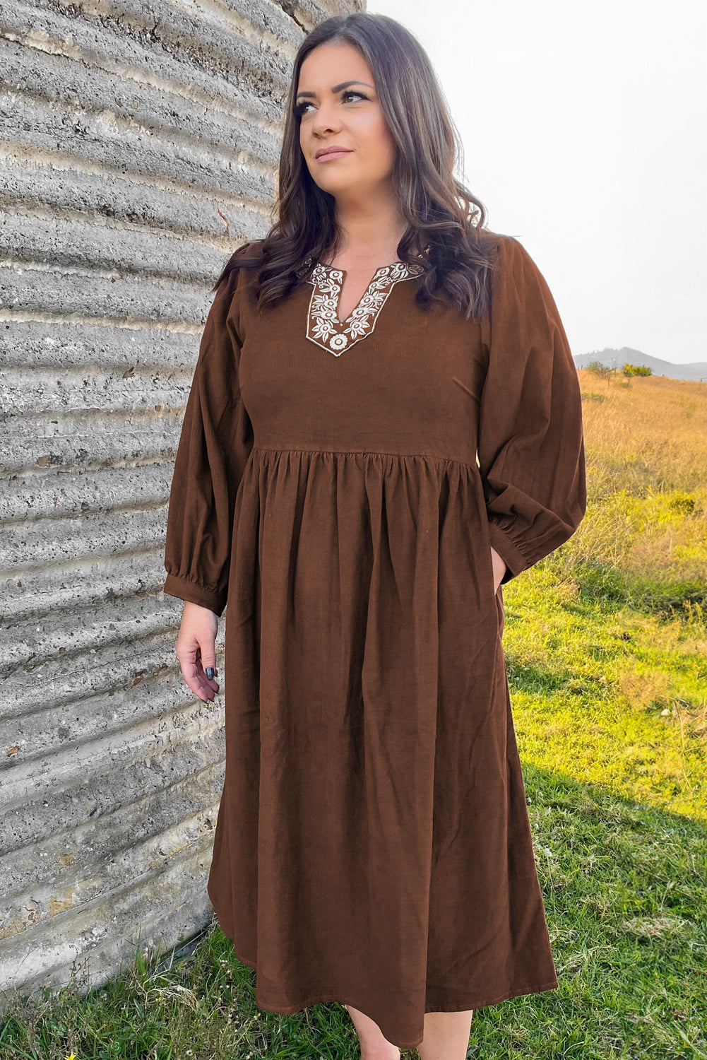 Coffee Embroidered Notched Neckline Textured Pleated High Waist Plus Size Midi Dress