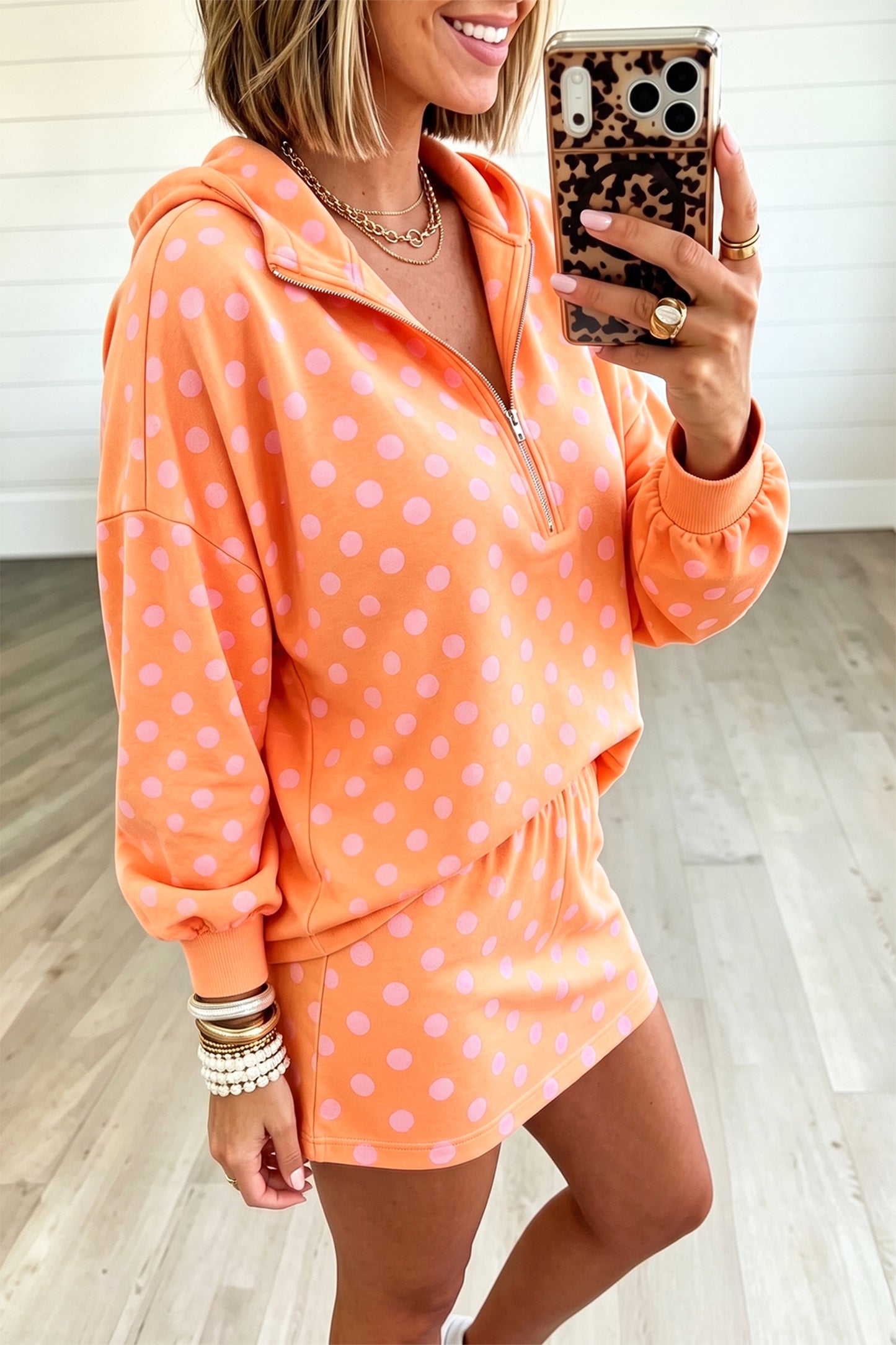 Pink Polka Dot Hooded Long Sleeve Top Casual Mini Skort Set