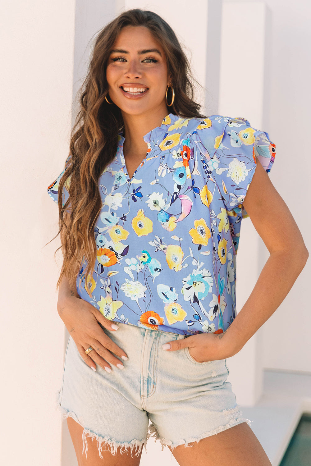 Pink Flutter Sleeve V Neck Floral Top