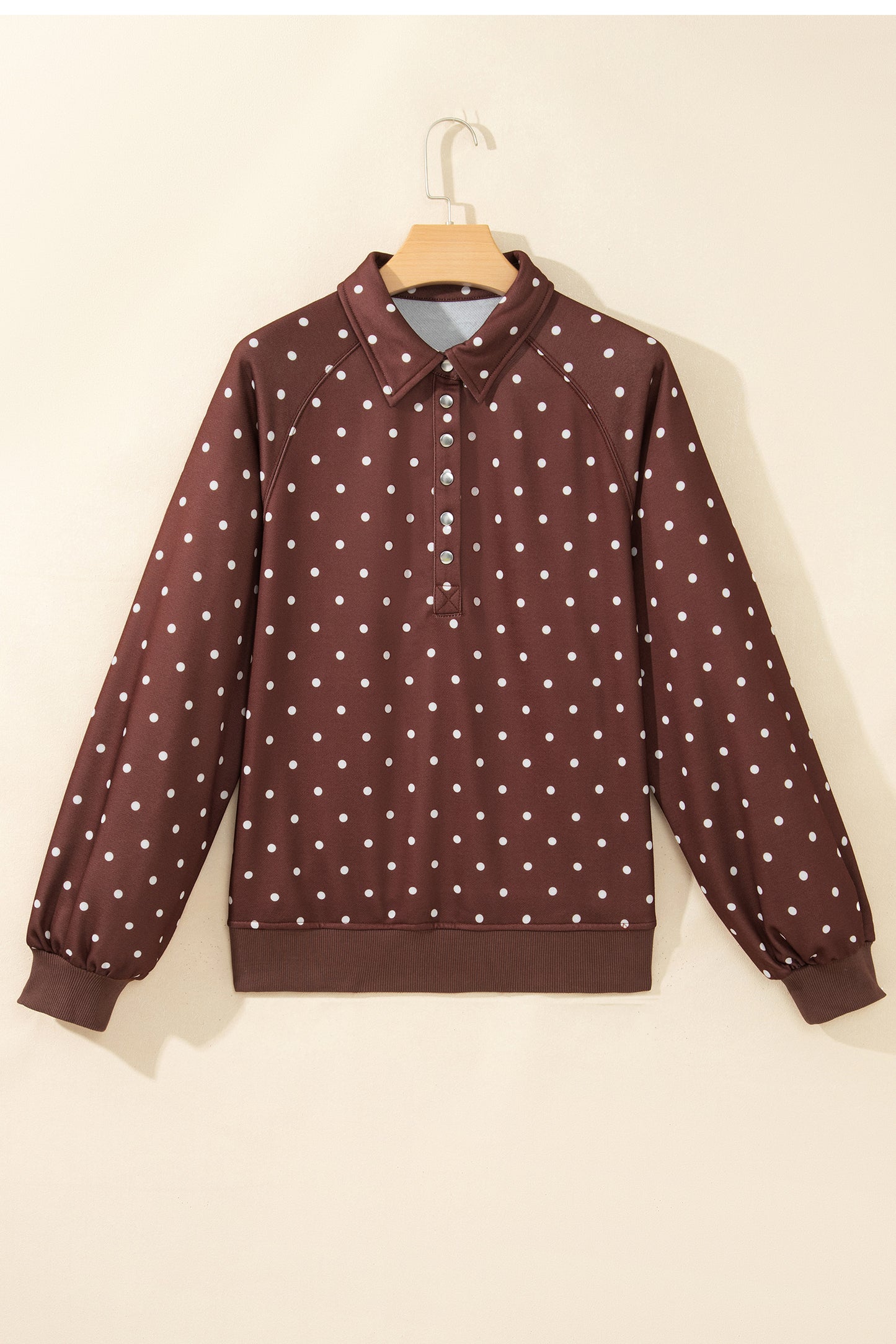 Pink Polka Dot Print Metal Button Collar Casual Pullover Sweatshirt