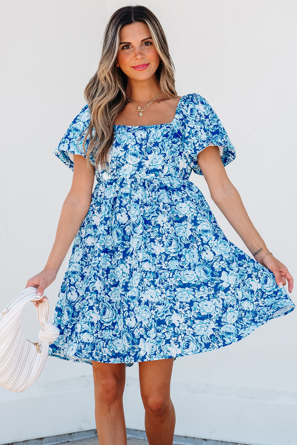 Blue Floral Puff Sleeve Babydoll  Dress