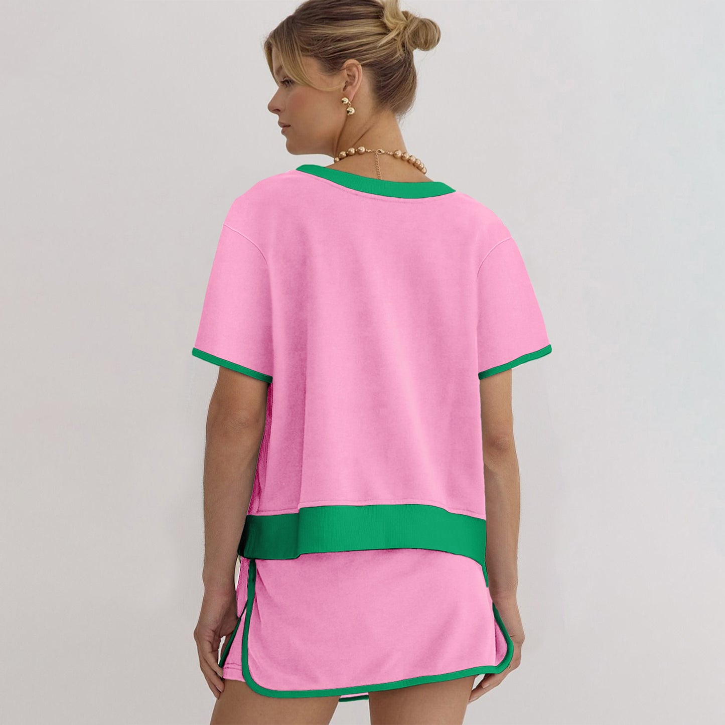 Colorblock Edge Drop Shoulder T Shirt and Skort 2Pcs Set