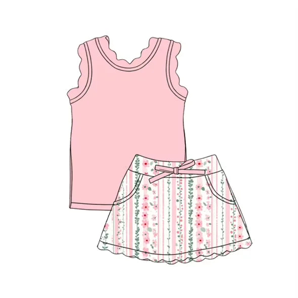 Girls Sleeveless Lace Skirt Set with Floral Print And Lace Pocket