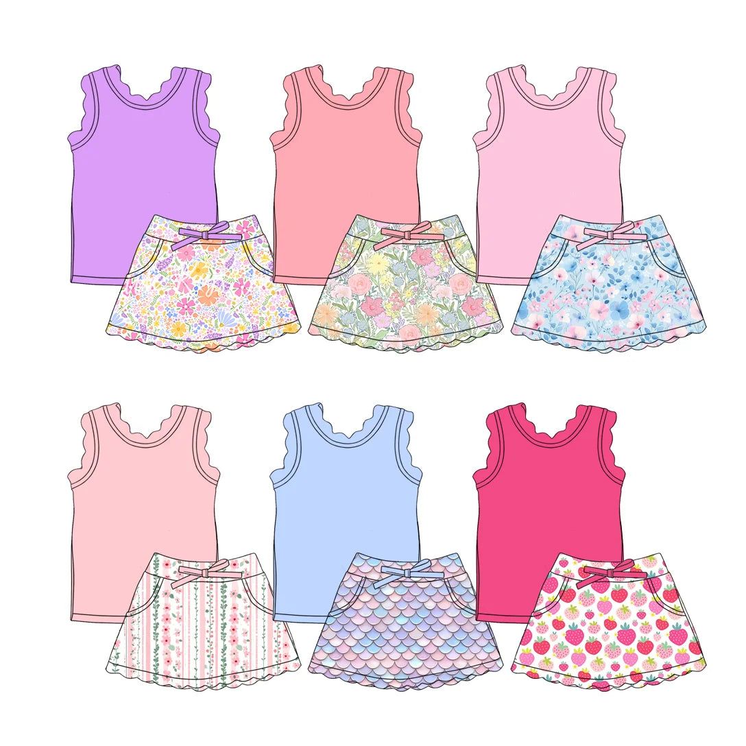 Girls Sleeveless Lace Skirt Set with Floral Print And Lace Pocket