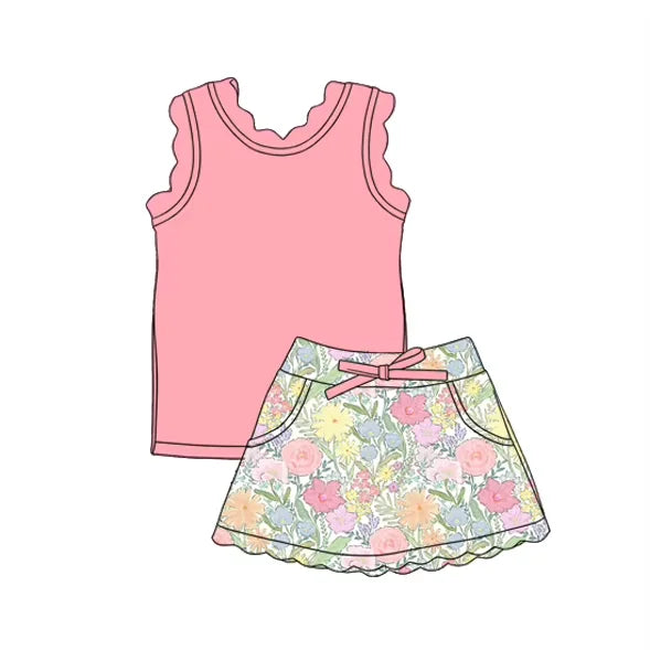 Girls Sleeveless Lace Skirt Set with Floral Print And Lace Pocket