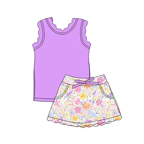 Girls Sleeveless Lace Skirt Set with Floral Print And Lace Pocket