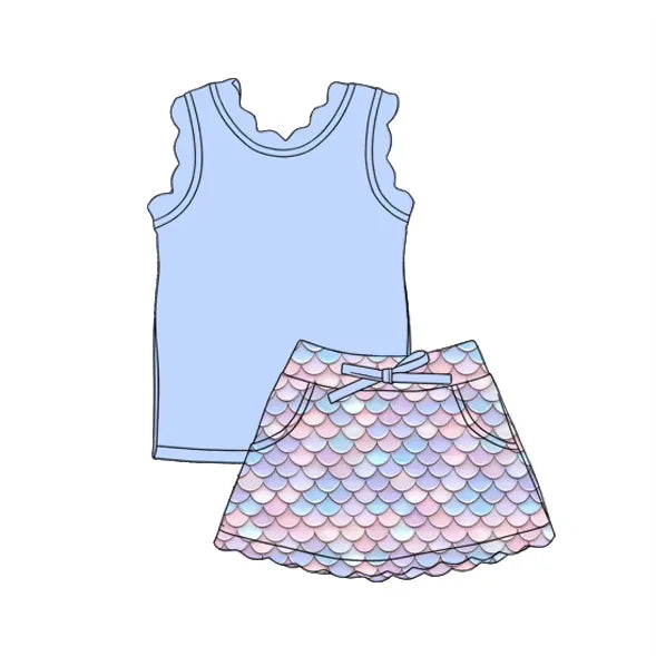 Girls Sleeveless Lace Skirt Set with Floral Print And Lace Pocket