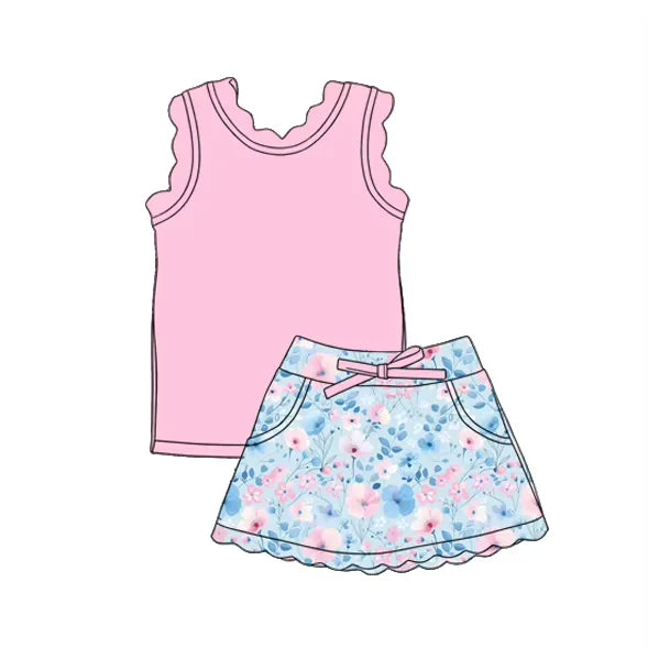 Girls Sleeveless Lace Skirt Set with Floral Print And Lace Pocket