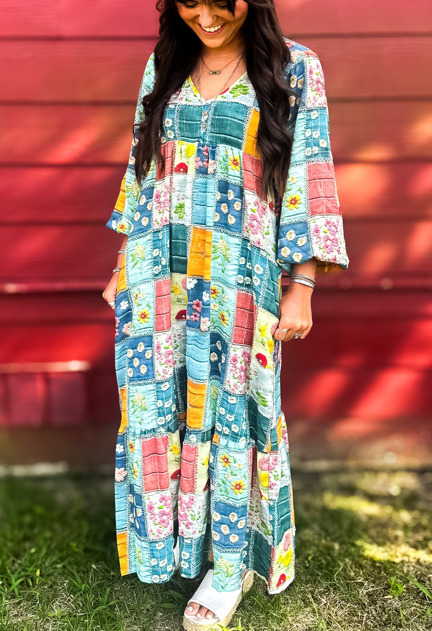 Sky Blue Mix Floral Checkered Pattern Bubble Sleeve Ruffle Hem Dress