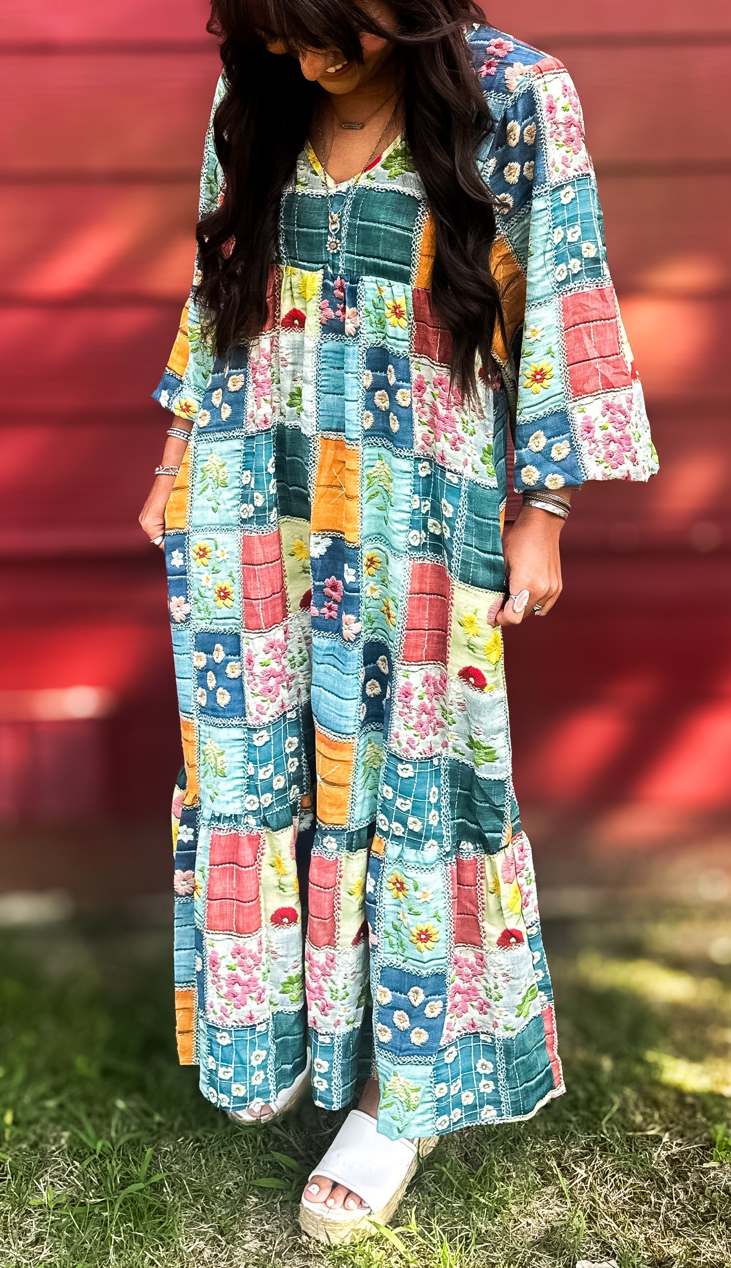 Sky Blue Mix Floral Checkered Pattern Bubble Sleeve Ruffle Hem Dress