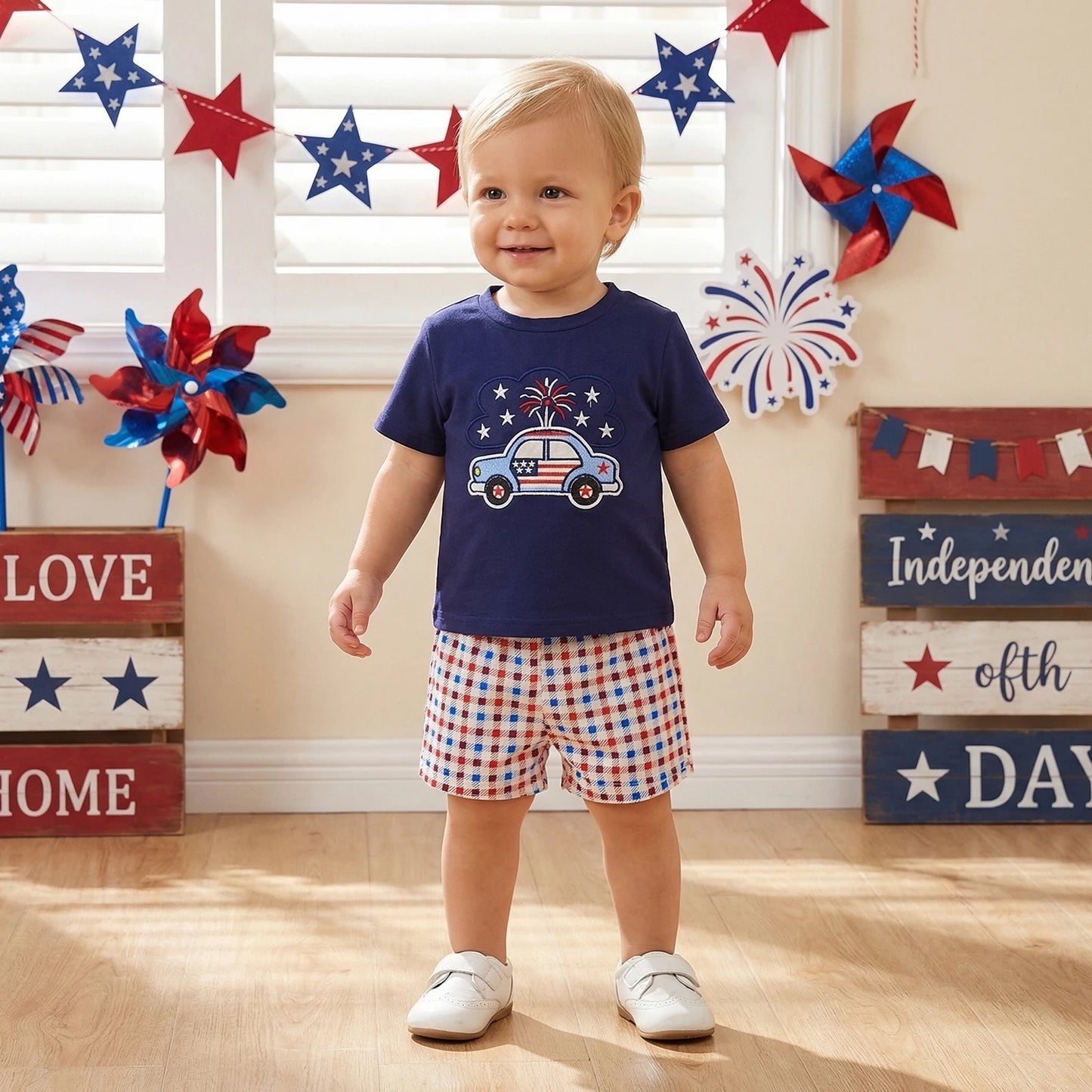 Boy 4th of July Firework Car Embroidery T Shirt + Shorts Set