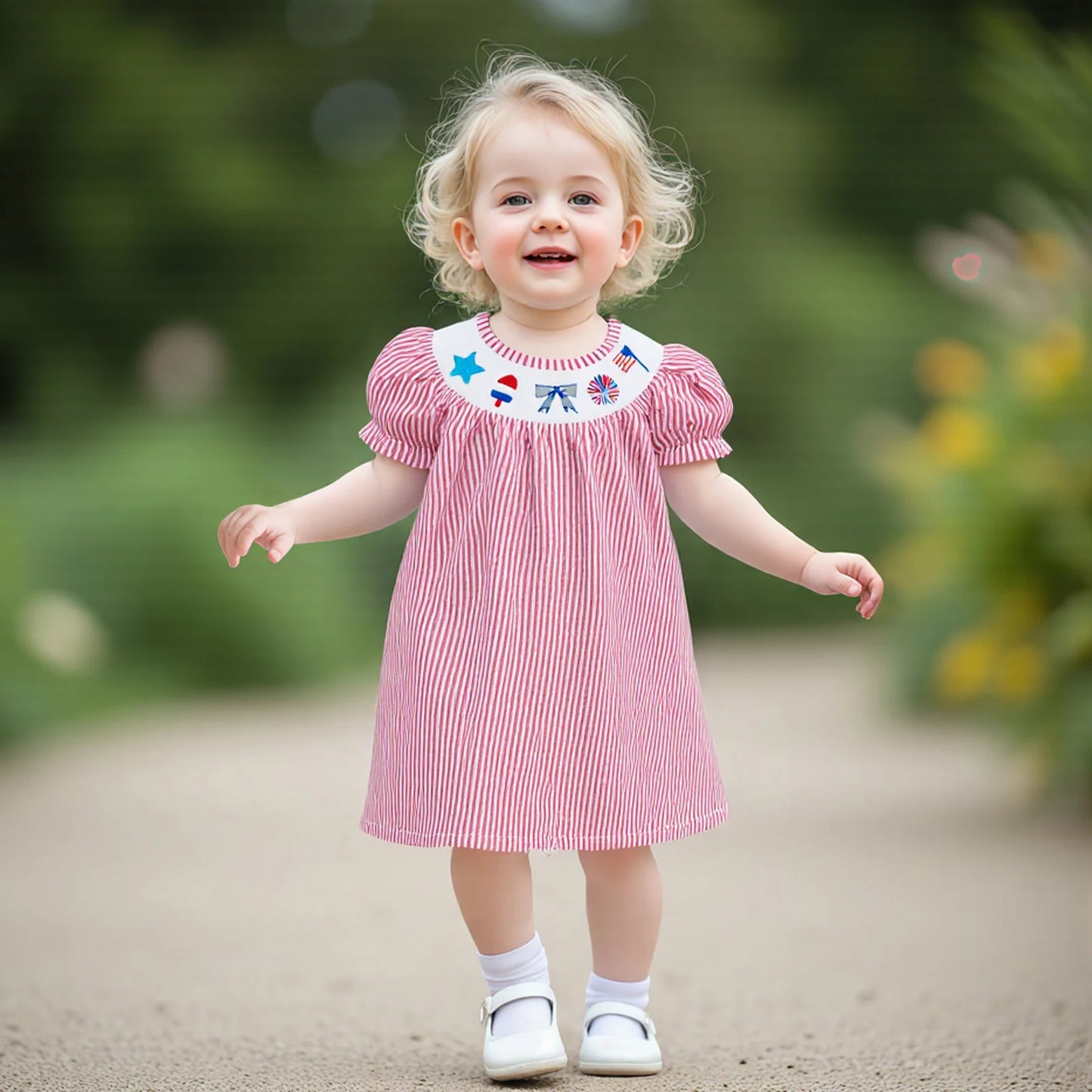 FOCUSNORM 0-6Y Independence Days Kids Girls Summer Dress Short Sleeve Bow Flag Embroidery Stripes Print A-Line Dress