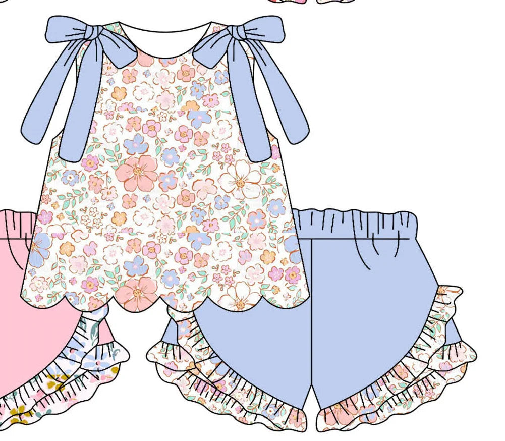 Summer Flowers Bows Scallop Tunic Set