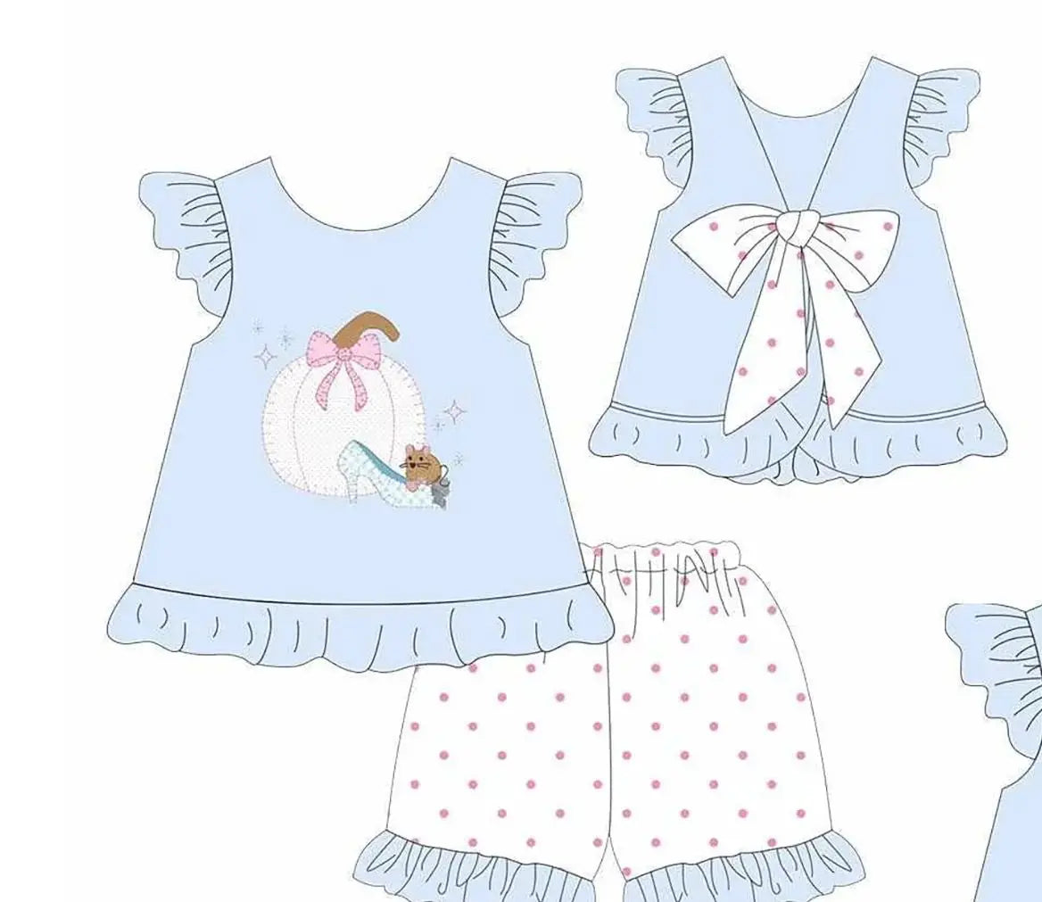 Girl Blue Princess Outfit Pumpkin Print Ruffle Sleeve