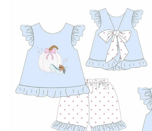 Girl Blue Princess Outfit Pumpkin Print Ruffle Sleeve