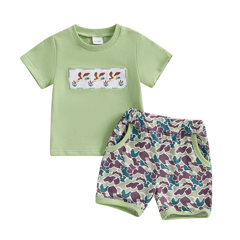 Toddler Baby Boys Summer Outfits Duck Embroidery Short Sleeves T-Shirt and Elastic Camouflage Shorts