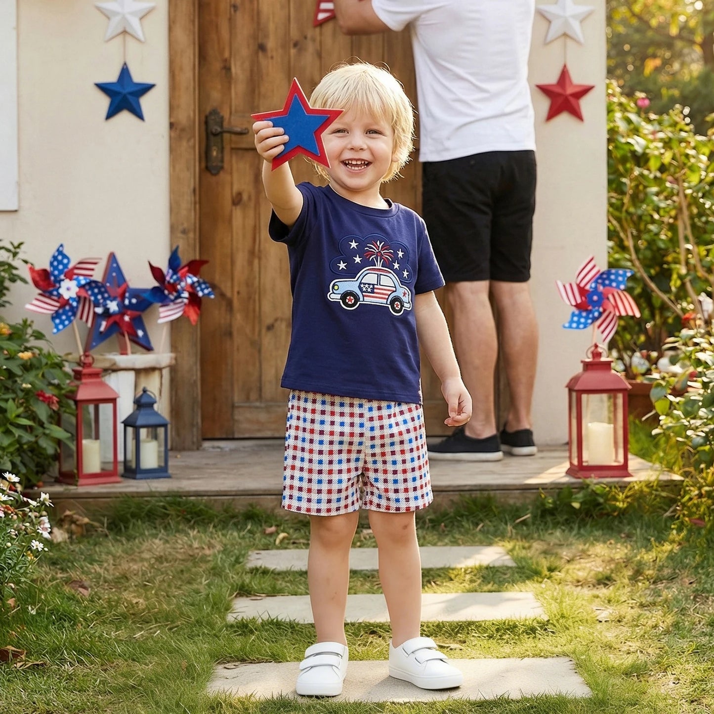 Boy 4th of July Firework Car Embroidery T Shirt + Shorts Set