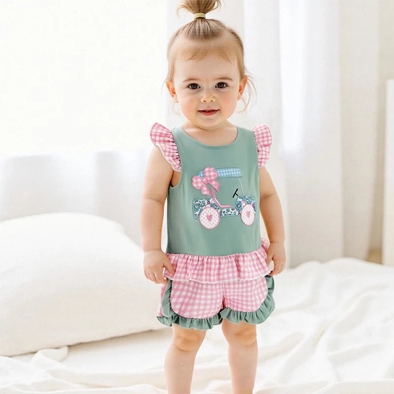 Golf Cart Embroidered Flutter Sleeve Top with Plaid Print Shorts 2-Piece Set