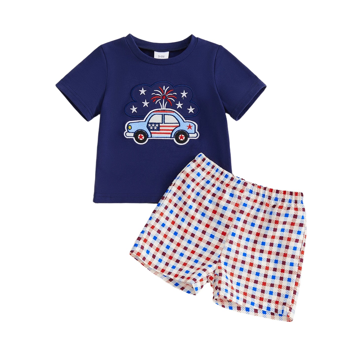 Boy 4th of July Firework Car Embroidery T Shirt + Shorts Set