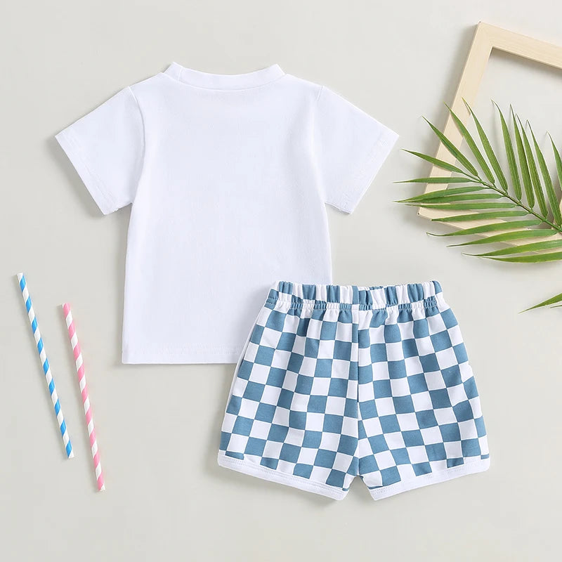 Pudcoco Infant Baby Boys 2Pcs Outfits 4th of July Flag Short Sleeve T-Shirt Elastic Checkerboard Shorts Set Summer Clothes 0-3T