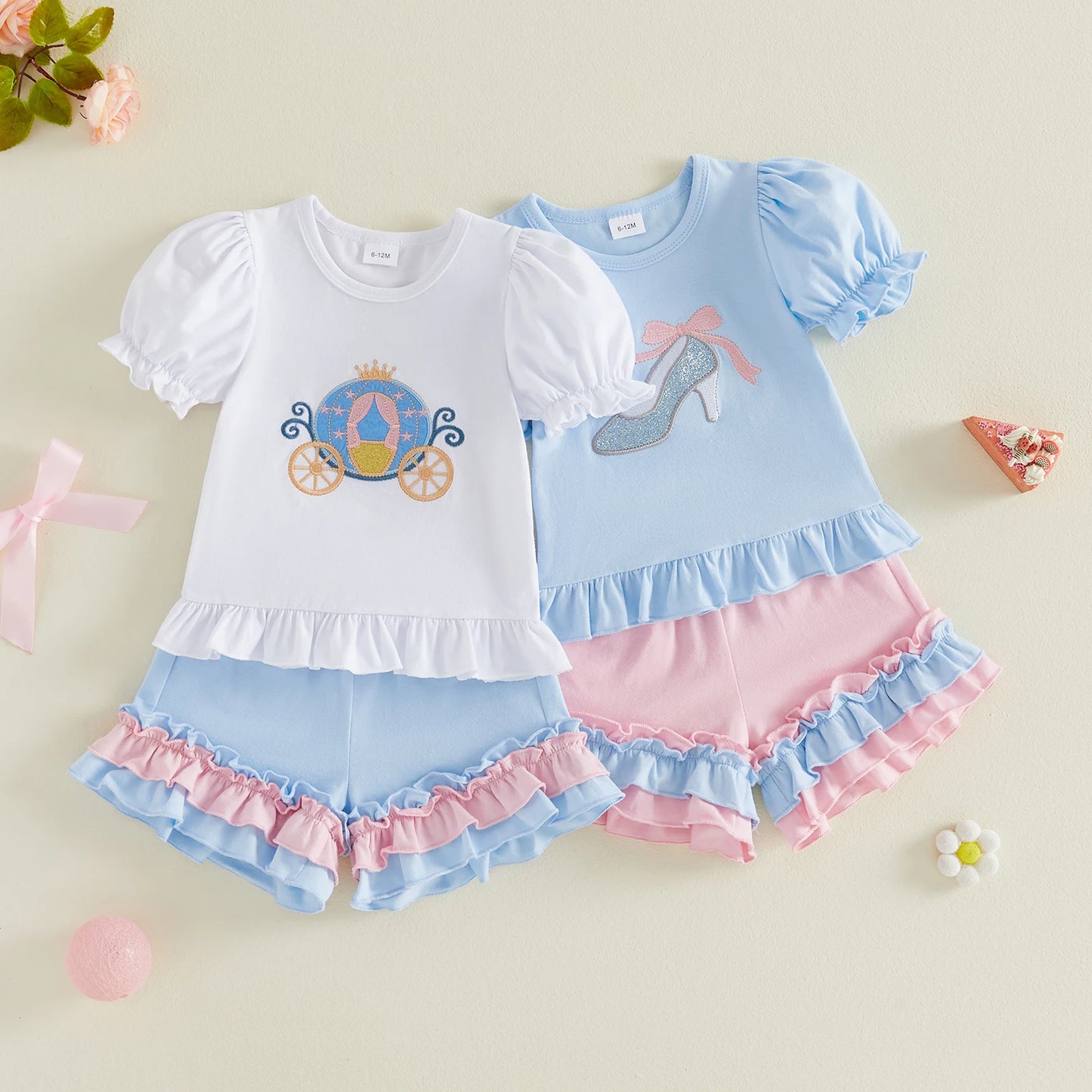 Princess Carriage / Shoes Embroidered Ruffled Short Sleeve set Toddler