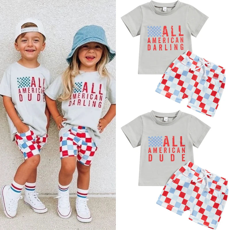Independence Day Baby Girls Boys Clothes Sets Letter Print Short Sleeve T-Shirts and Checkerboard Shorts 2Pcs