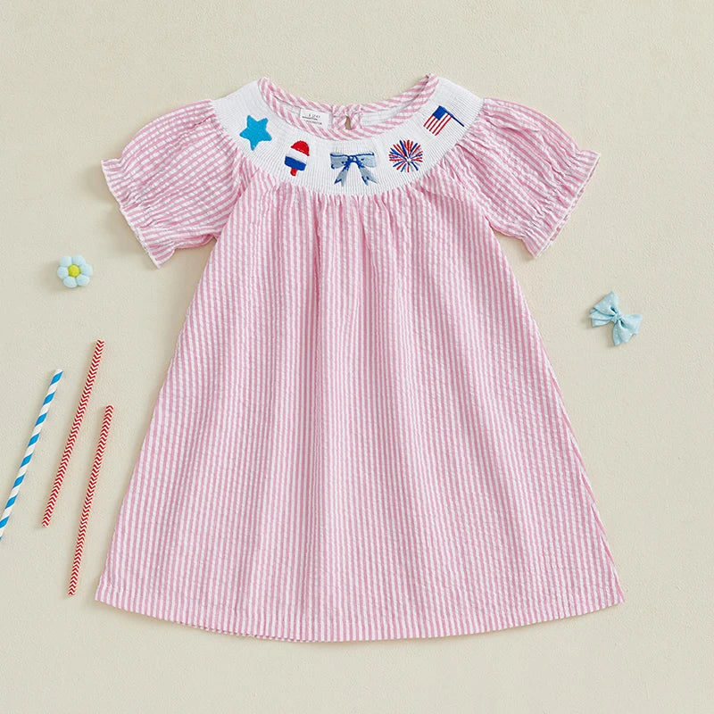 FOCUSNORM 0-6Y Independence Days Kids Girls Summer Dress Short Sleeve Bow Flag Embroidery Stripes Print A-Line Dress