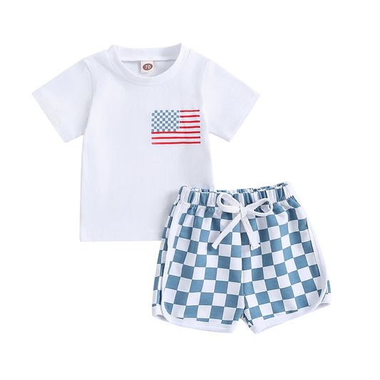 Pudcoco Infant Baby Boys 2Pcs Outfits 4th of July Flag Short Sleeve T-Shirt Elastic Checkerboard Shorts Set Summer Clothes 0-3T