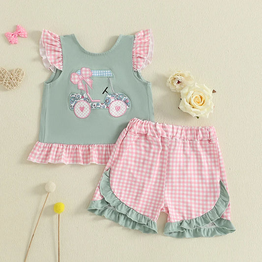 Golf Cart Embroidered Flutter Sleeve Top with Plaid Print Shorts 2-Piece Set