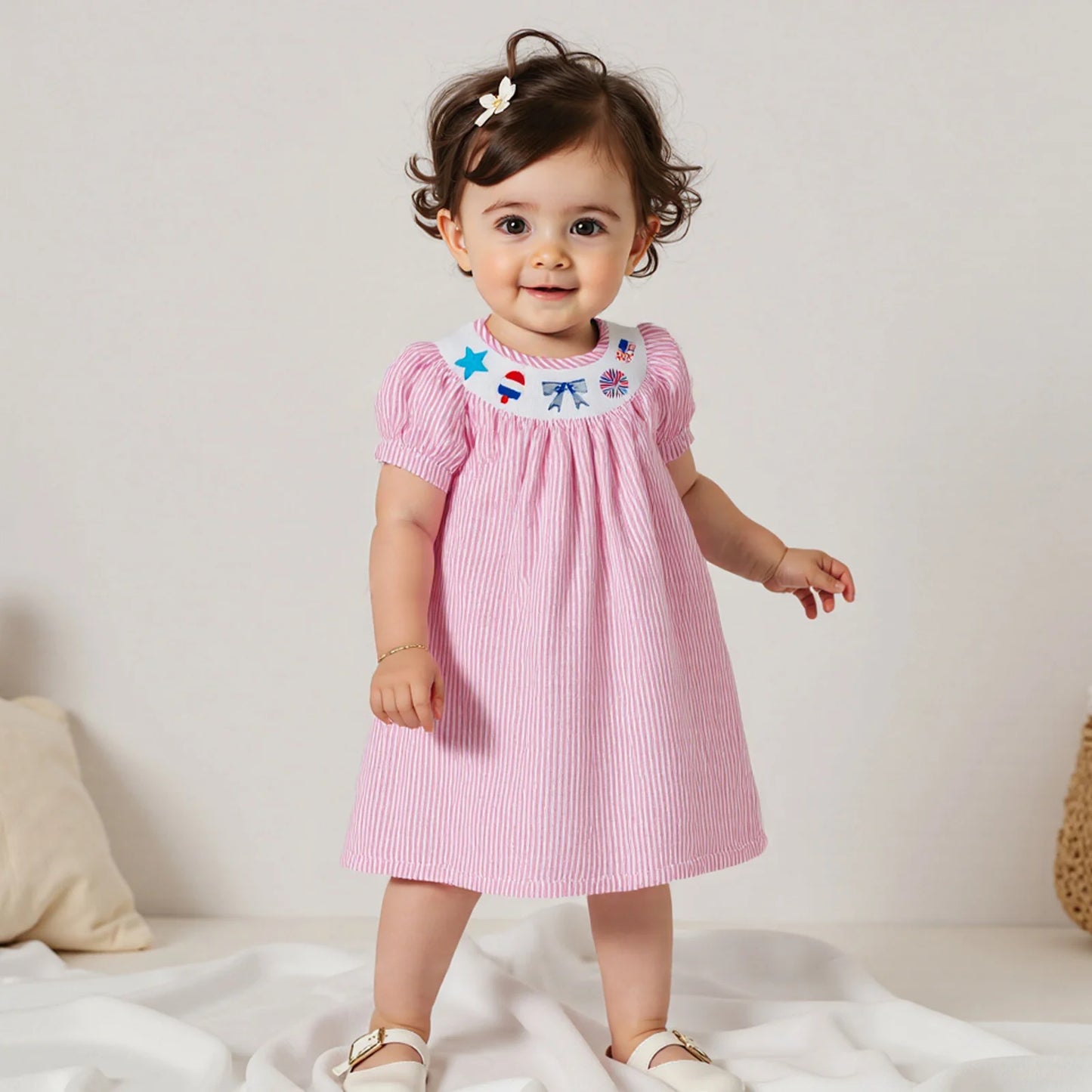 FOCUSNORM 0-6Y Independence Days Kids Girls Summer Dress Short Sleeve Bow Flag Embroidery Stripes Print A-Line Dress